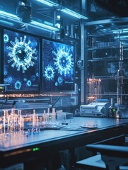 Poster - Modern laboratory features glowing monitors displaying virus imagery and illuminated test tubes in a high tech environment. Generative AI