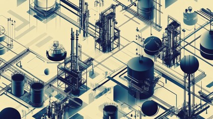 Poster - Geometric industrial pattern of oil tanks, pipes, and rigs with intricate designs and structures. Generative AI