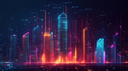 Leinwandbilder - Cityscape illuminated by glowing skyscrapers and vibrant neon lights at night. Generative AI