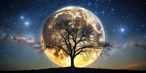 Wall Mural - the silhouette of a solitary tree stands tall against a glowing celestial body, its branches reachin