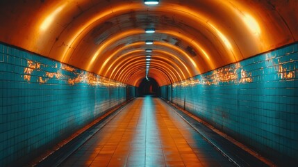 Wall Mural - Neon lit pedestrian tunnel, perspective view.