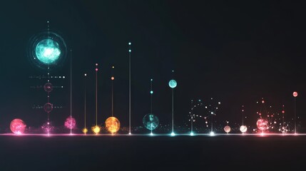 Wall Mural - Abstract data visualization; glowing nodes, dark background, futuristic design, website header