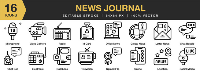 Wall Mural - News Journal icon set. Editable Stroke Icon Collection. Includes press, news, media, journalism, newspaper, information, and More. Outline icons vector collection.