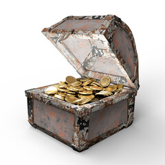 Rustic Treasure Chest Filled with Shiny Golden Coins on White Background