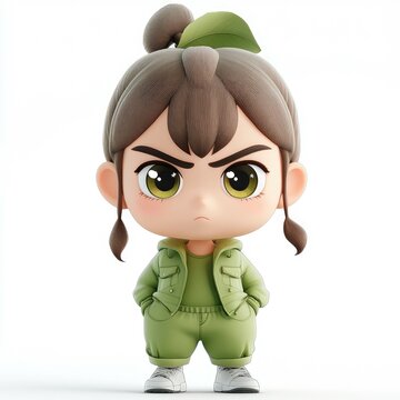 Adorable 3D Render of an Angry Girl Character. Digital Art, Cute Cartoon Style, Green Outfit, Realistic Portrait, Child Model