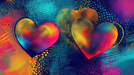 Poster - Abstract hearts with colorful dots and textured patterns on a dynamic background, perfect for design.