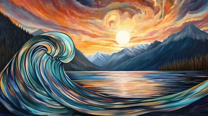 Leinwandbilder - Artistic waves glowing under a dynamic sunset, with mountains rising gracefully in the distance.