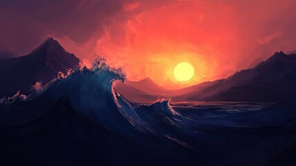 Leinwandbilder - Artistic waves glowing under a dynamic sunset, with mountains rising gracefully in the distance.