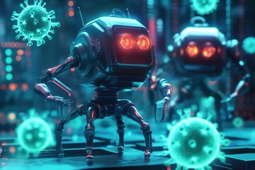 Fototapete - Robots neutralizing viruses in a futuristic lab environment showcasing advanced technology and biosecurity measures. Generative AI