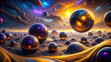 Wall Mural - a celestial landscape with swirling orbs reflecting a vibrant sky, scattered across a golden, undula