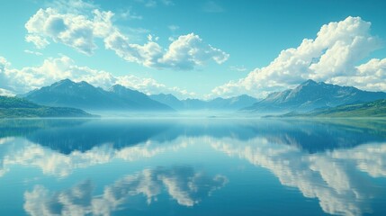 Wall Mural - Serene mountain lake with reflection and sky.