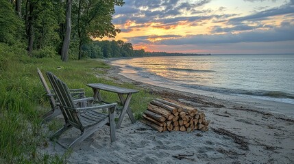 Wall Mural - Serene beach sunset with chairs and firewood.