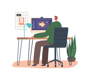 Poster - Graphic Designer Male Character Create Logo Sitting at Desk with Computer. Creative Man Work On Digital Designs