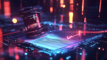 Cyberjustice Gavel on digital contract, futuristic background, legal tech