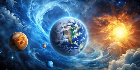 Wall Mural - a celestial tapestry woven with swirling nebulae, planets, and a radiant star, a cosmic ballet of cr
