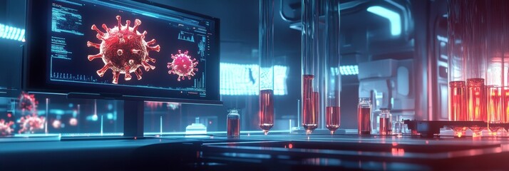 Poster - Modern laboratory showcasing test tubes and glowing monitors with virus imagery during research. Generative AI