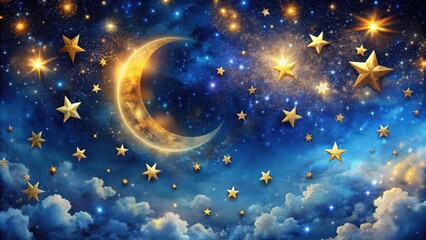 Wall Mural - celestial tapestry of golden stars and a crescent moon adorned with clouds and a distant galaxy