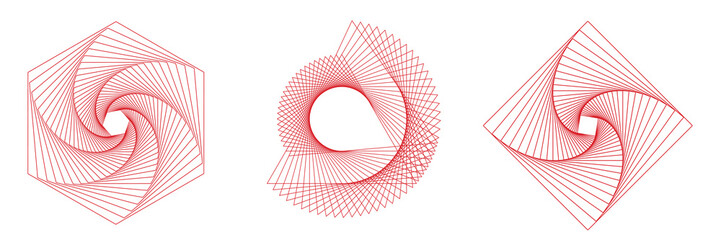 Poster - three geometric designs with red lines forming hexagons and spirals. red lines create intricate geom