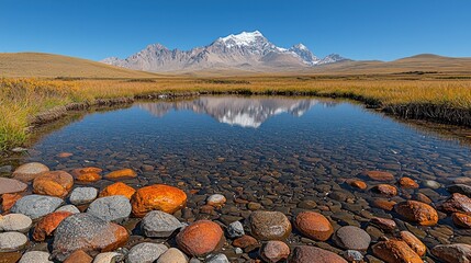 Wall Mural - Snowy mountain reflection in pond, rocks foreground.