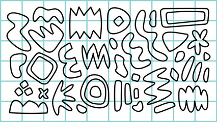 Poster - abstract geometric shapes on a grid background. shapes include circles, squares, and zigzags. geomet