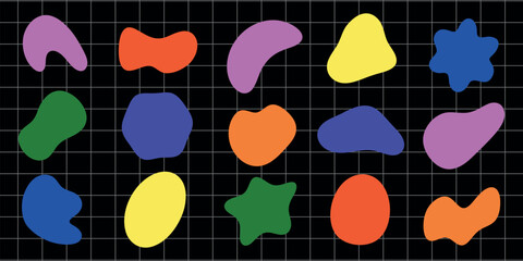 Poster - Colorful abstract shapes on a black grid. Shapes include pink, orange, yellow, and green. Abstract shapes on grid create a vibrant, colorful pattern. Colorful shapes, vector element set.