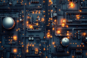 Poster - Geometric industrial pattern showcasing oil tanks and connecting pipes in a complex network. Generative AI