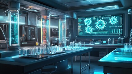 Leinwandbilder - Modern laboratory showcasing advanced research on viruses with illuminated test tubes and digital displays. Generative AI