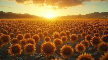 Wall Mural - Sun sets over sunflower field, mountains in the distance.