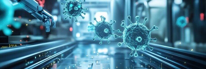 Fototapete - Robots actively neutralizing viruses in a high tech laboratory environment. Generative AI