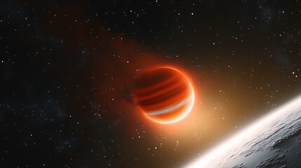 Wall Mural - A Vibrant Orange Planet Glowing Brightly in the Dark Depths of Space with a Second planet near by