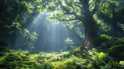 Wall Mural - Sunbeams through green forest.