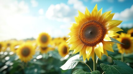 Wall Mural - sunflower blooms in field under bright sky with white clouds.