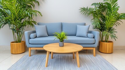 Wall Mural - Inviting living room with blue sofa indoor plants and modern decor in bright space