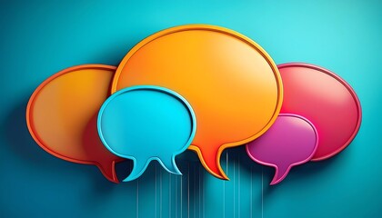 Poster - Colorful speech bubbles against a vibrant blue background, symbolizing communication, dialogue, and interaction.