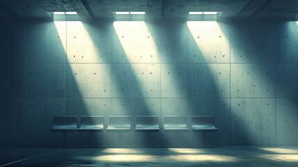 Wall Mural - Sunlight streams through ceiling onto chairs in empty concrete room.