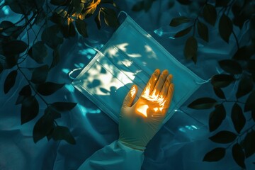 Poster - Gloves and mask placed on a surface with fading virus symbols in a tranquil setting during a health awareness campaign. Generative AI