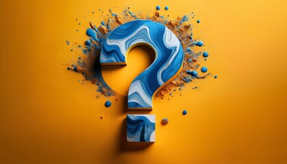 Poster - A colorful question mark surrounded by vibrant splashes of blue and orange, symbolizing curiosity and creativity.