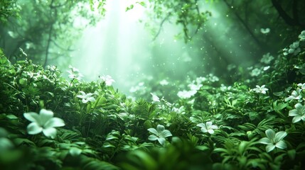 Wall Mural - Sunlit forest floor with white flowers, ethereal glow.