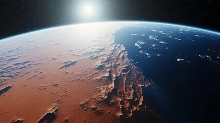 Wall Mural - A stunning view of a planet with a red terrain and blue waters from space with a bright sun