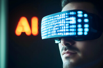Aufkleber - A person wearing futuristic VR goggles, with glowing blue lights and an 
