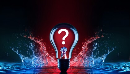 Poster - A glowing lightbulb with a question mark inside, surrounded by splashes of water, symbolizing ideas, creativity, and curiosity.