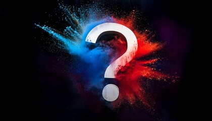Poster - A colorful explosion of red and blue powder surrounds a prominent white question mark against a dark background.