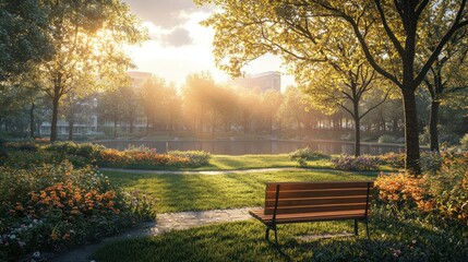 Wall Mural - Sunny park with bench, trees, pond, flowers.