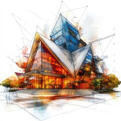 Poster - Modern Architectural Masterpiece: A Stunning 3D Digital Sketch of a Futuristic Building Design