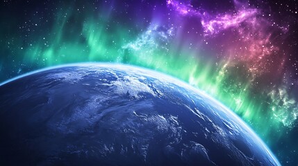 Wall Mural - Earth from space with aurora borealis and colorful galaxy background view for desktop