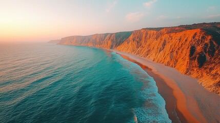 Wall Mural - Sunset coast with cliffs and waves.