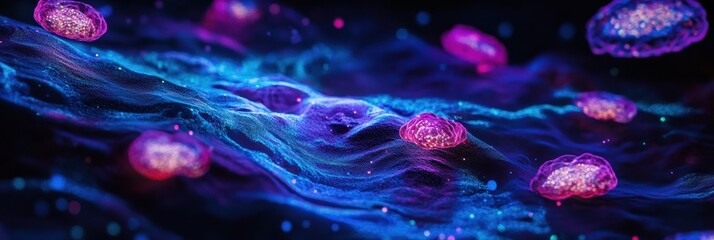 Poster - Glowing bacteria illuminated by ultraviolet light in a scientific study. Generative AI