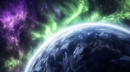 Wall Mural - Celestial Sphere: Planet Earth with vibrant cosmic nebulae and distant stars