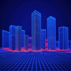 Poster - A futuristic city skyline is depicted with illuminated skyscrapers in a digital wireframe style against a dark blue background.