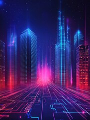 Aufkleber - Vibrant cityscape showcasing skyscrapers illuminated by neon lights at night. Generative AI